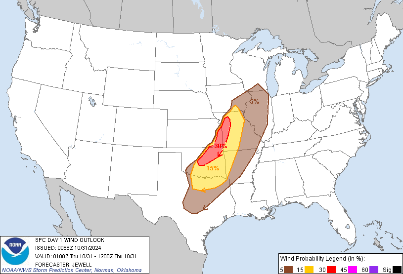 20241031 0100 UTC Day 1 Damaging Wind Probabilities Graphic